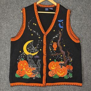 VTG Basic Halloween Basic Editions Sweater Vest Womens 2X Cats Pumpkins Black